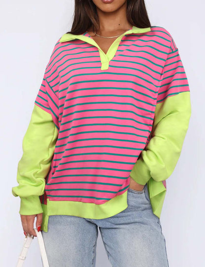 Minimalist Lapel Collar Striped Color Block Top