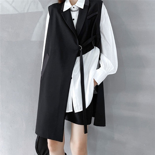 Solid Color Tailored Collar Irregular Tied Loose Vest