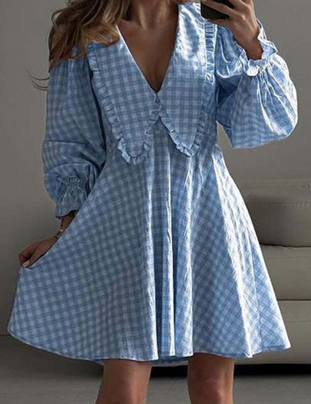 Elegant Plaid Long Sleeve A-Line Dress