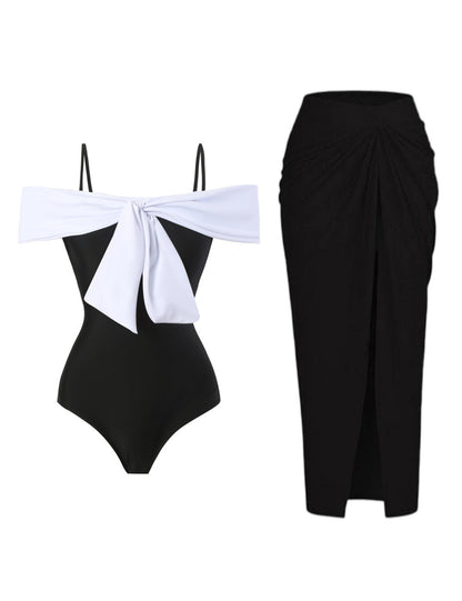Color Block Bow Swimwear with Mesh Cover