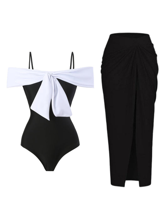 Color Block Bow Swimwear with Mesh Cover