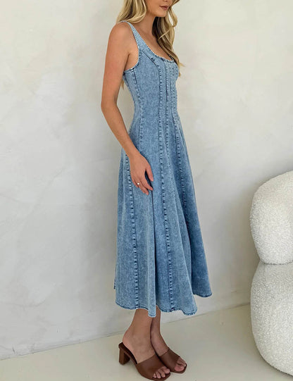 Distressed Sleeveless Strap Drnim Dress