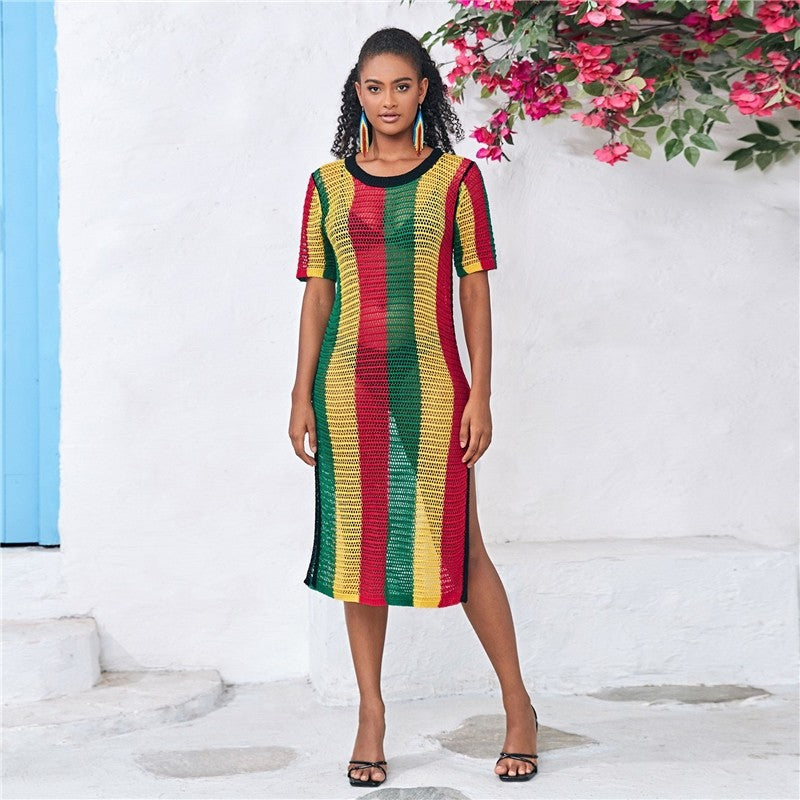 Short-Sleeve Round-Neck Knit Striped Split-Side Cover-Up