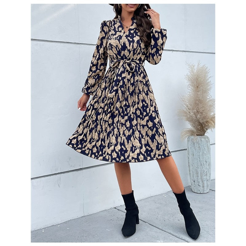 Pleated Printed Belted V-Neck Long-Sleeved Dress