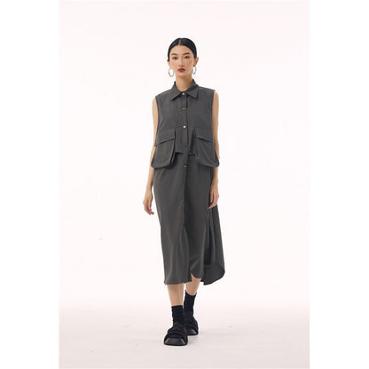 Polo Collar Vest Dress With Large Pocket