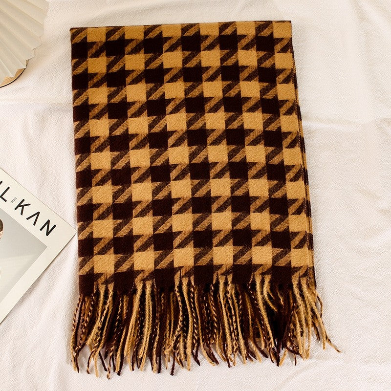 Houndstooth Imitated Cashmere Tassled  Shawl Scarf