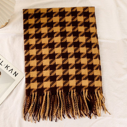 Houndstooth Imitated Cashmere Tassled  Shawl Scarf