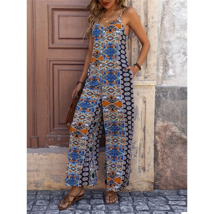 Backless Printed Suspender Wide-Leg Ethnic Style Jumpsuit