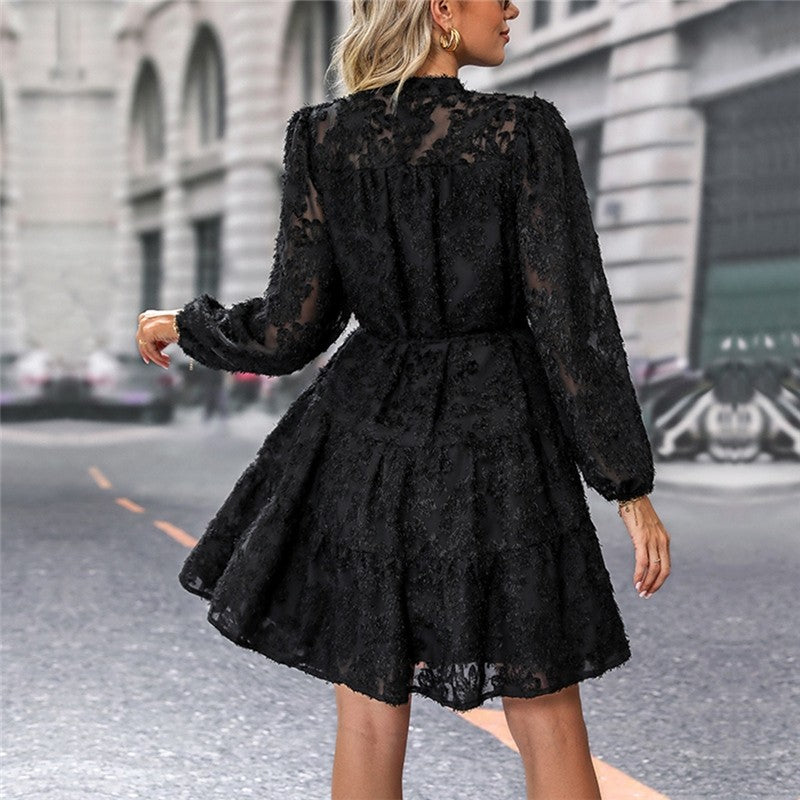 Ladies Lace Stand Collar Long Sleeve Shirt Dress
