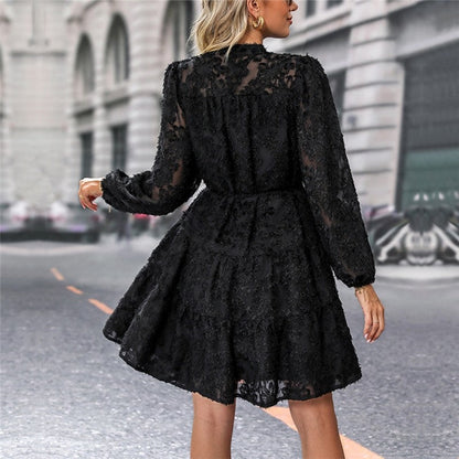 Ladies Lace Stand Collar Long Sleeve Shirt Dress