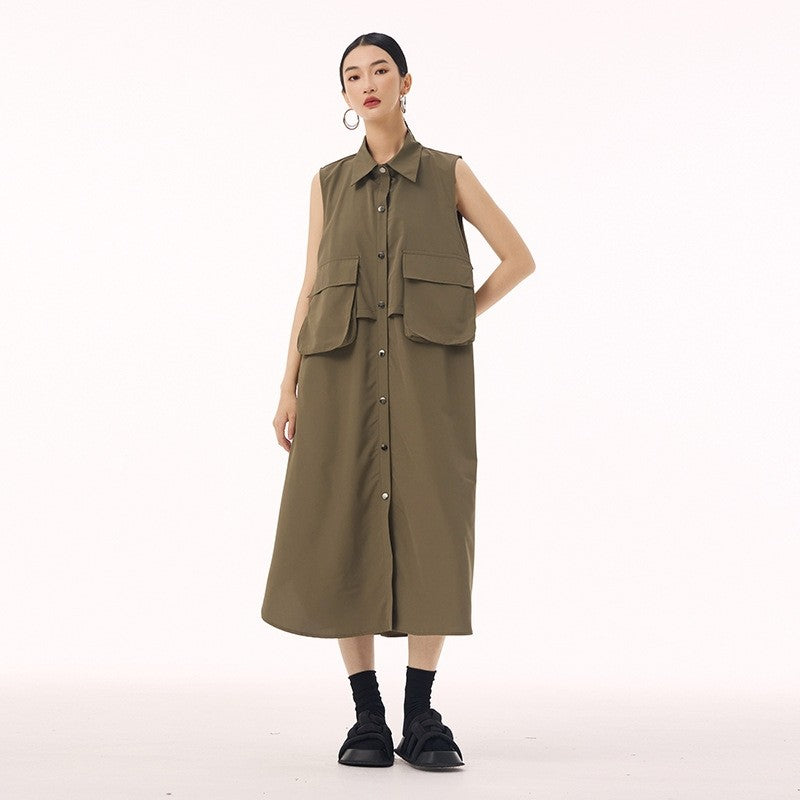 Polo Collar Vest Dress With Large Pocket