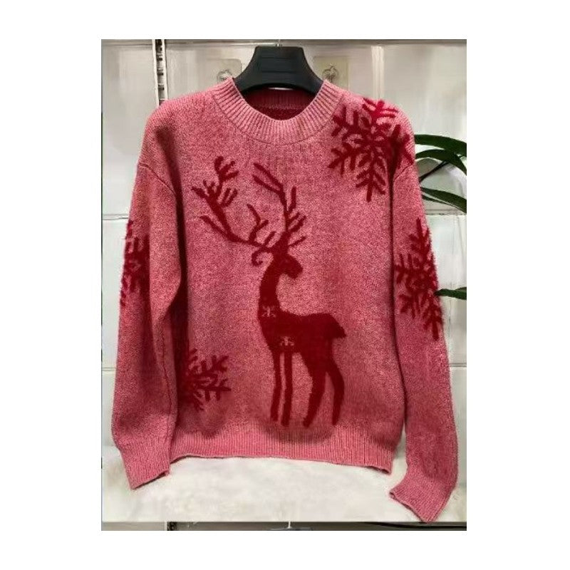 Deer Jacquette Round Neck Knit Sweater