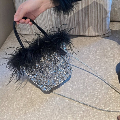 Feather Sequin Evening Clutch Bag