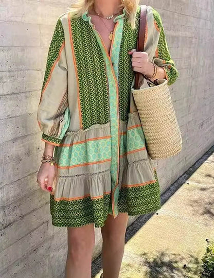 Ruffle Print Lantern Sleeves Buttons Mini Dress