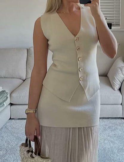 Knit Button Down Sleeveless V-Neck Tank Top