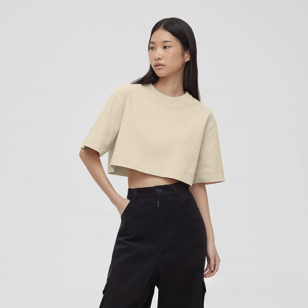 Round Neck Loose Solid Color Short Top