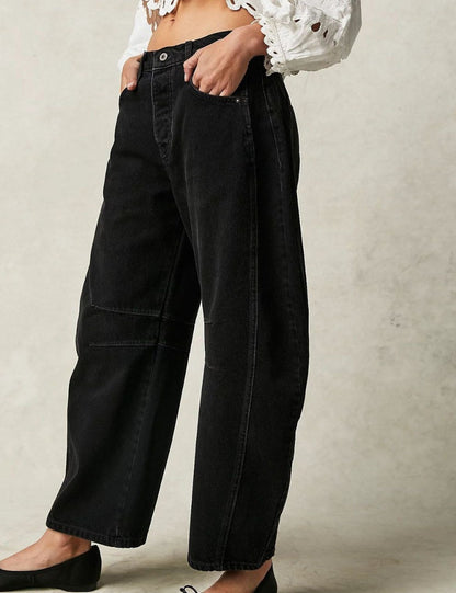 Washed Mid Rise Loose Barrel Jeans