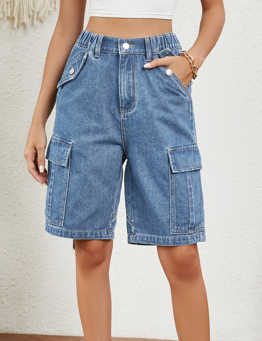 Stylish Mid Waisted Denim Cargo Bermuda Shorts