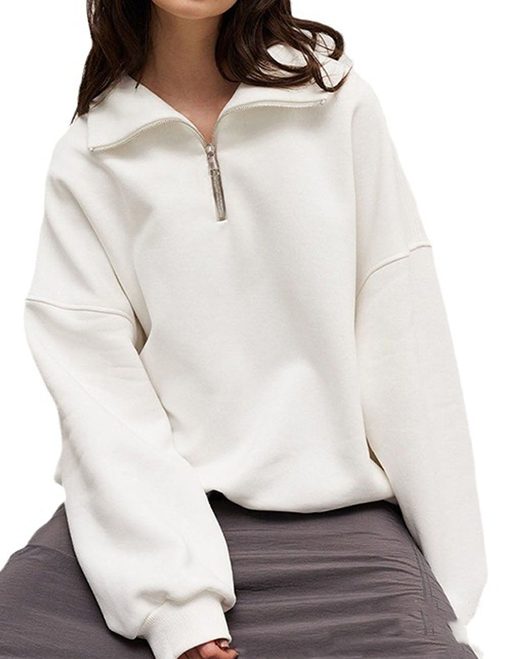 Casual Half Zipper Collared Long Sleeve Top