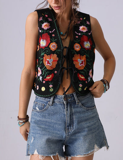 Vintage Flower Embroider String Vest