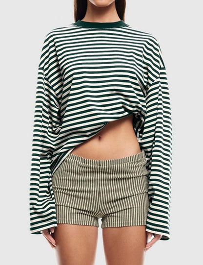 Round Neck Striped Long Sleeve Loose Shirt