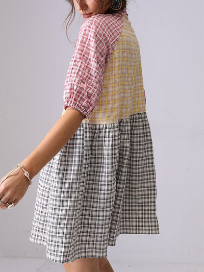Colorful Plaid Splicing Lapel Mini Dress