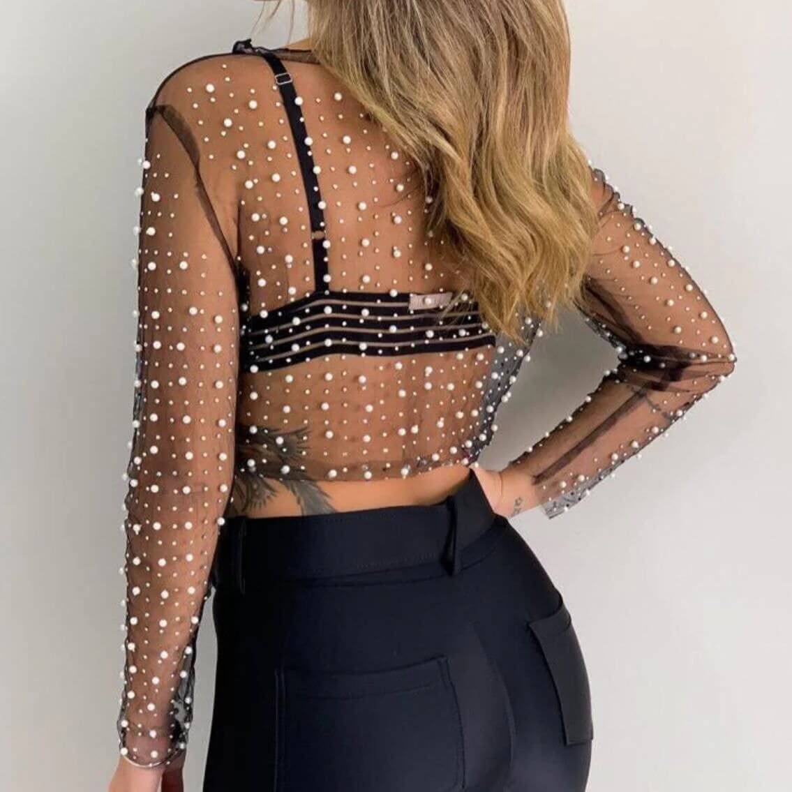 Pearl Rhinestone Studded Mesh Blouse