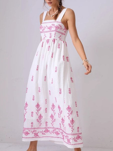 Floral Embroidered Backless Strap Maxi Dresses