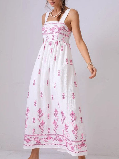 Floral Embroidered Backless Strap Maxi Dresses