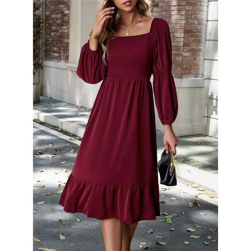 Solid Color Square Neck Ruffle Skirt Waisted Long-Sleeved Dress