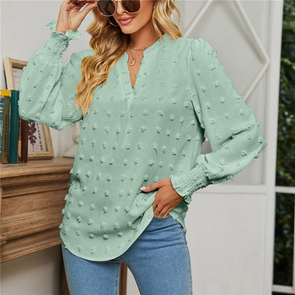 Solid Color V-Neck Long Sleeves Dots Blouse Top