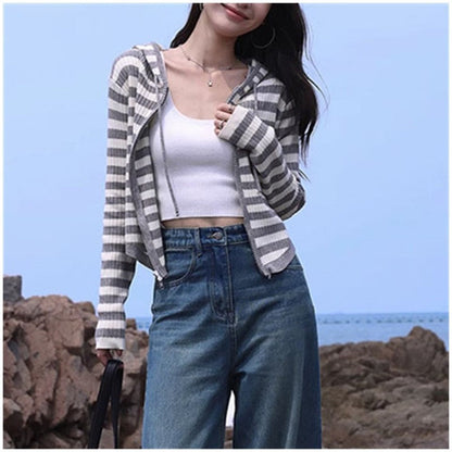 Women's Striped Hooded Knit Cardigan Sweater