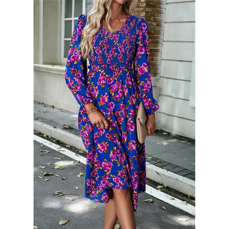 V Neck Print Nine Quarter Sleeve Dress