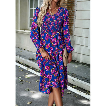 V Neck Print Nine Quarter Sleeve Dress
