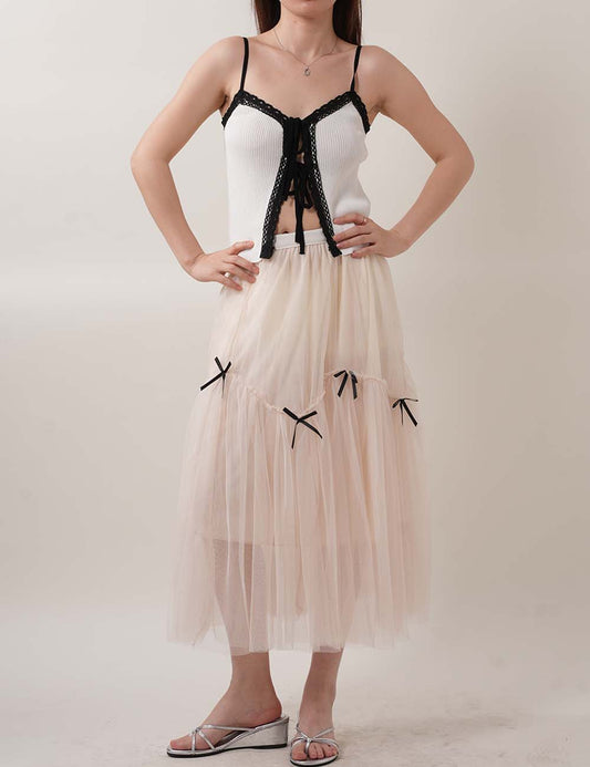 Bow Tulle Layered Mesh A-Line Miid Skirt