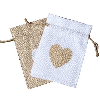 Cotton Linen Drawstring Gift Bag With Heart Print