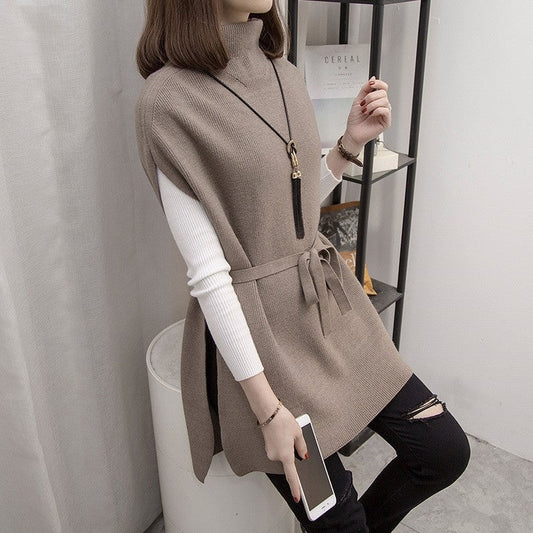 Half Turtleneck Solid Color Sleeveless Bandage Casual Loose Knitted Vest