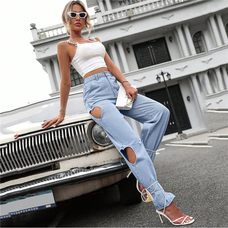 Casual Retro Side Ripped Heart-Shaped High-Waisted Loose Wide-Leg Jeans