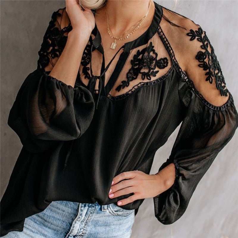 Loose Plain Hollow Long Sleeve Chiffon Blouse