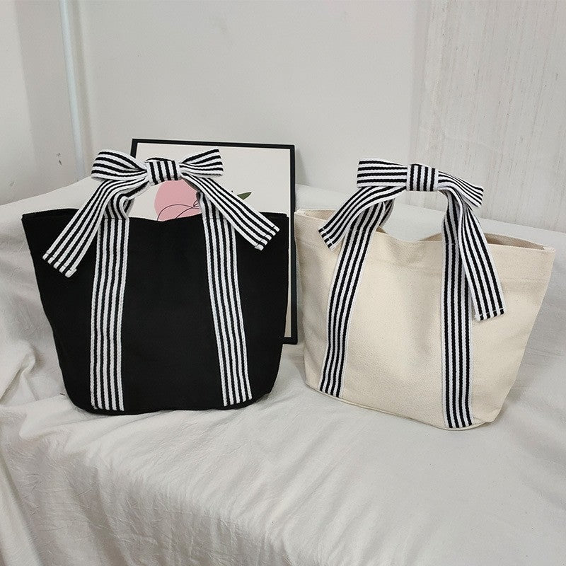 Ladies Bowknot Striped Canvas Handbag