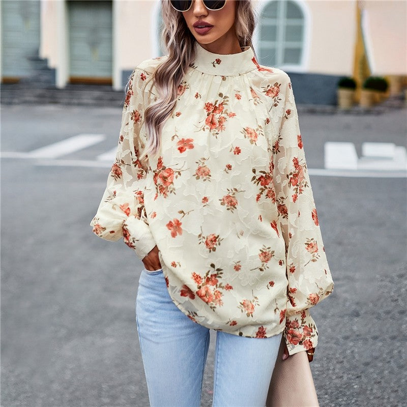 Long Sleeves Half Turtleneck Bandage Floral Printed Blouse