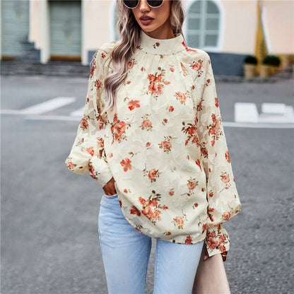 Long Sleeves Half Turtleneck Bandage Floral Printed Blouse