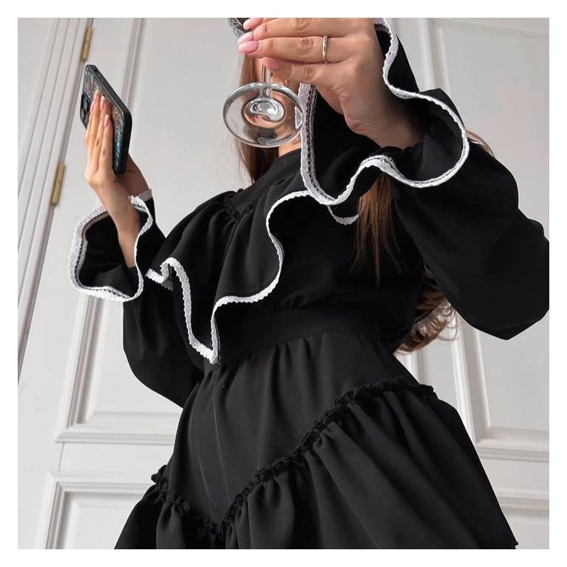 Horn Sleeve Ruffle Hem Mini Dress