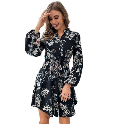 Black Vintage Long Sleeve Printed Dress
