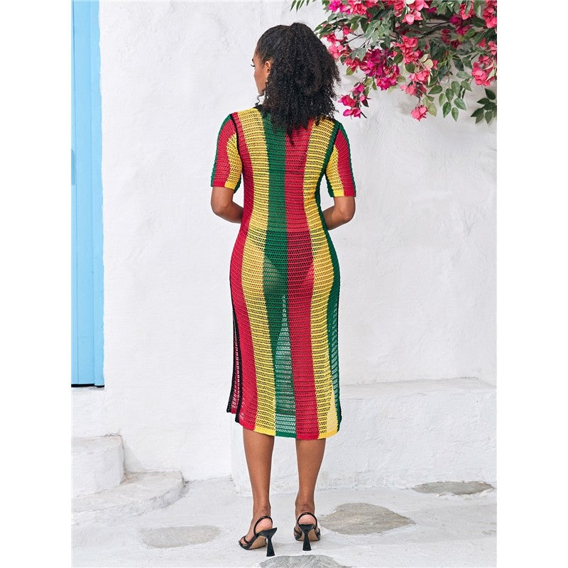 Short-Sleeve Round-Neck Knit Striped Split-Side Cover-Up