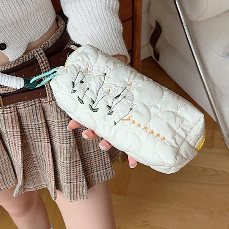 Cute Flower Embroidered Makeup Pencil Pouch