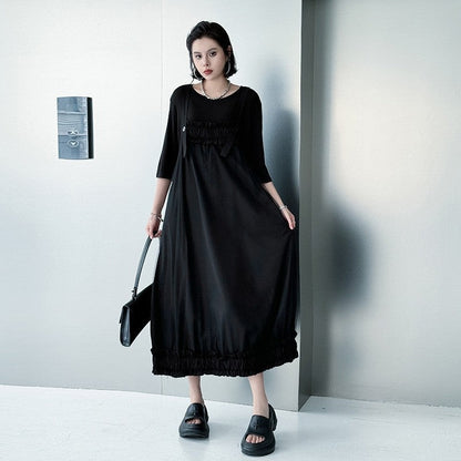 Mesh Panel Pleated Strapless Loose Fit Maxi Dress