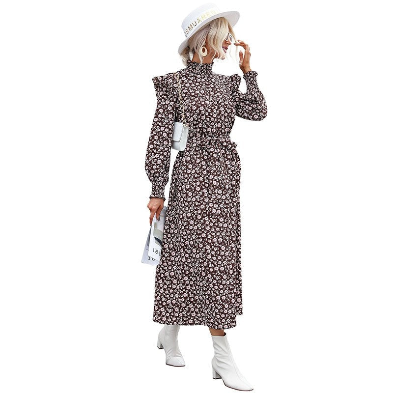 High Neck Petal Sleeves Lace-Up Printed Long Dress