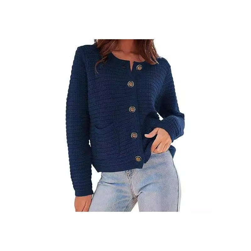 Plain Round Neck Knit Cardigan