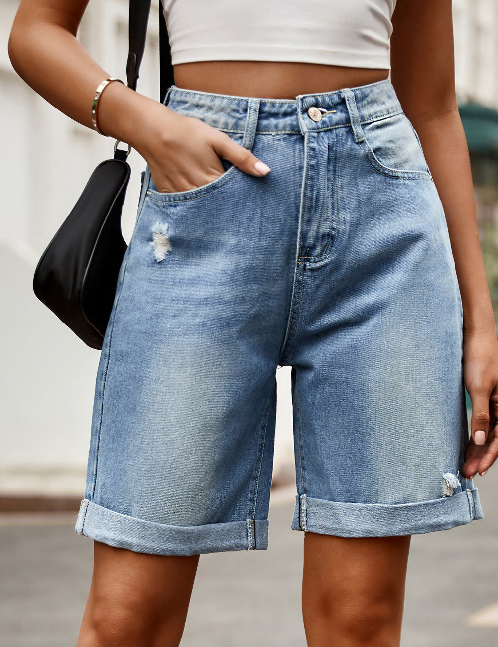 Distressed Folded Denim Bermuda Shorts